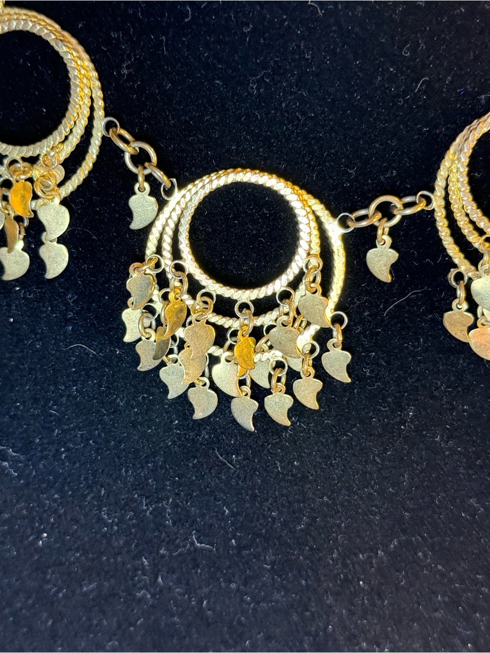 Vintage 1960s Gold Tone Boho Bib Necklace, Textured Circles & Leaf Fringe Charms - Picture 3 of 11